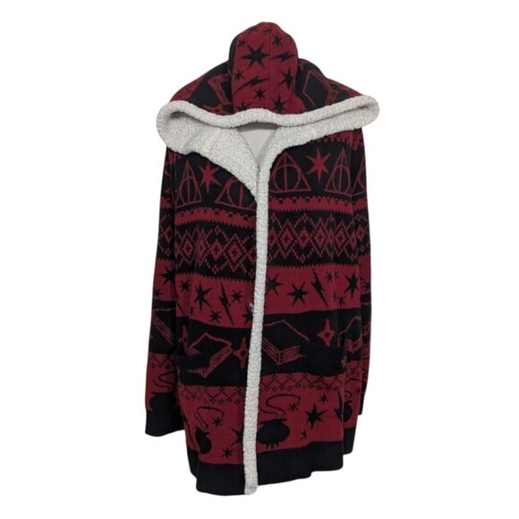 Hot Topic Harry Potter Deathly Hallows Sherpa Cardigan Size Medium Red Hooded - Picture 1 of 11